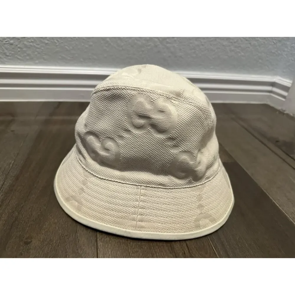 AUTHENTIC GUCCI JUMBO GG BUCKET HAT IVORY/CREAM MONOGRAM 651256 SZ M 57